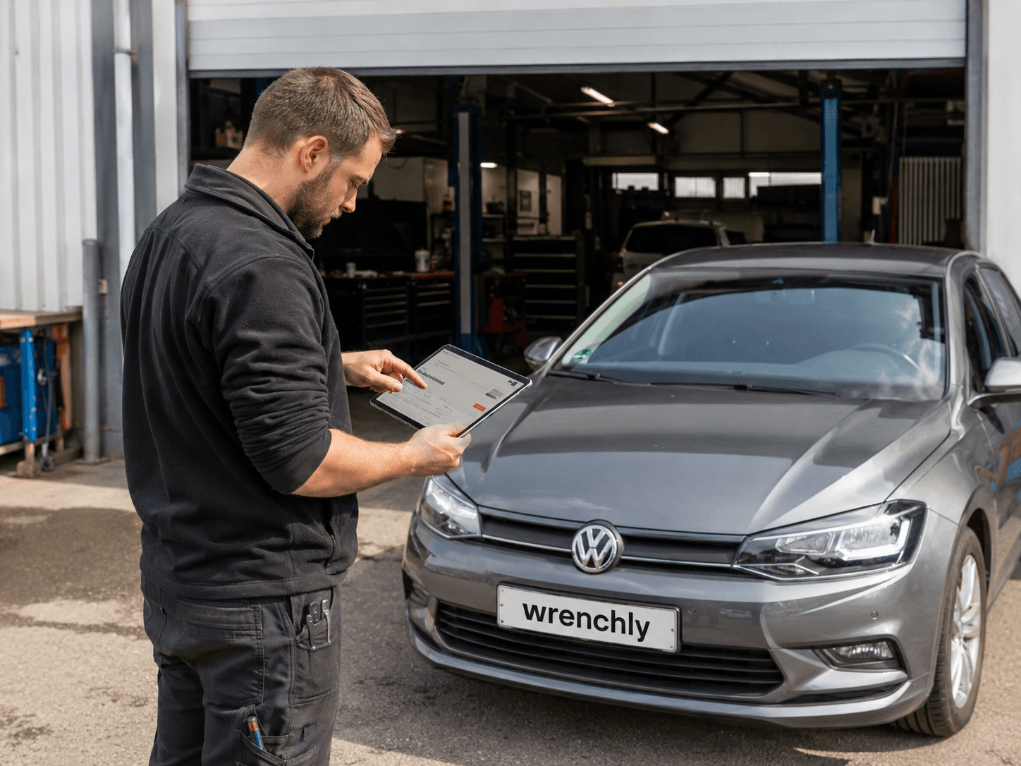 Kfz-Mechaniker erfasst die Fahrzeugannahme auf dem Tablet — vor einem Kundenfahrzeug im Werkstatt-Hof mit geöffnetem Tor